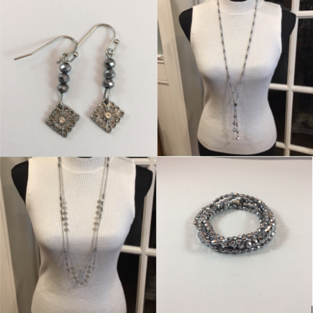 Set of Silver Beaded Necklaces/Earrings/Bracelets
